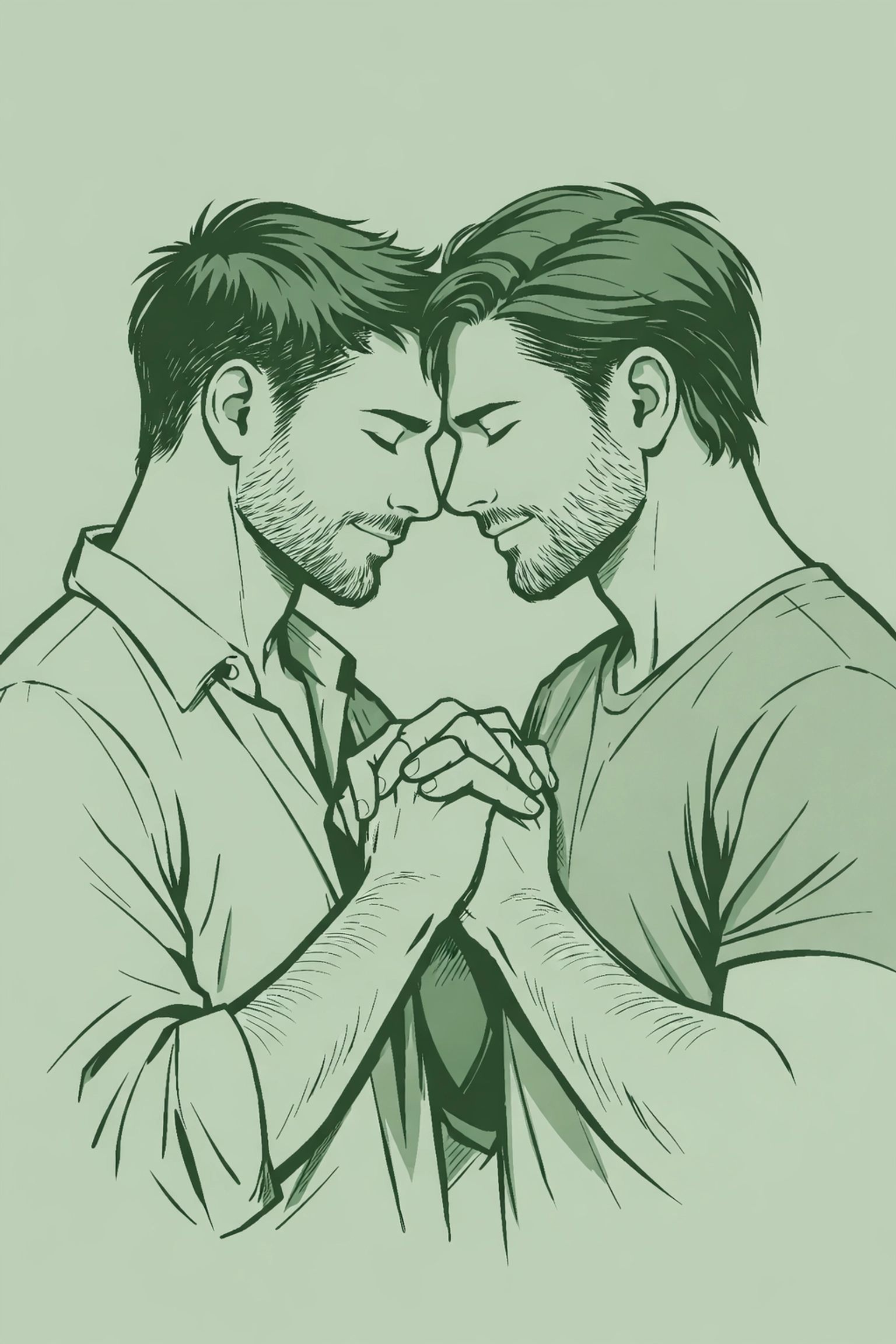 Hand-drawn art showing the intense emotional connection in male-male relationships within a gay romance novel.