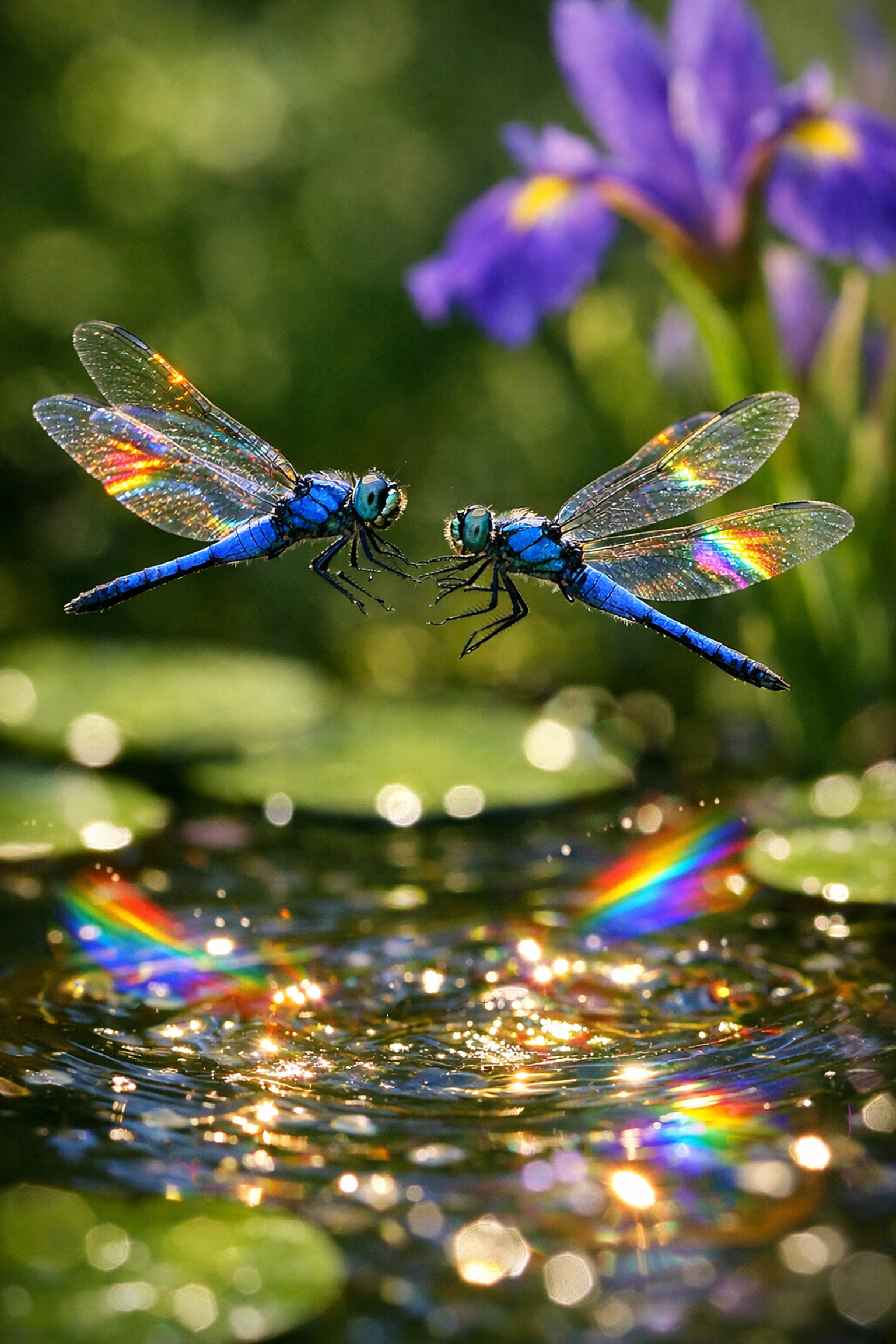 Male dragonflies in a mating dance over a garden pond, illustrating natural LGBTQ behavior and MM romance tropes.