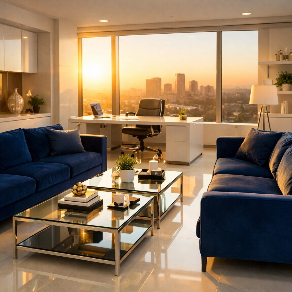 Clean luxury office lounge in Boston with dust-free surfaces and sunlight, demonstrating premium commercial cleaning.