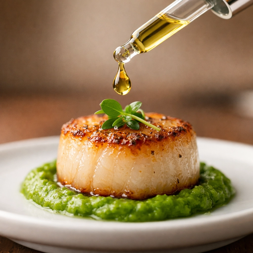 Professional cannabis dining experience showing precision dosing of infused oil onto a gourmet scallop dish.