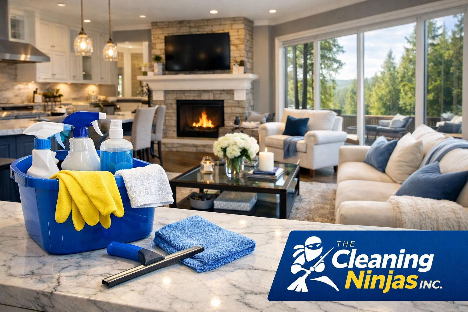 Professional luxury house cleaning in Boxford kitchen featuring white marble and eco-friendly supplies. A luxurious living room in a Boxford estate featuring clean lines and polished surfaces, reflecting professional luxury house cleaning in Boxford.