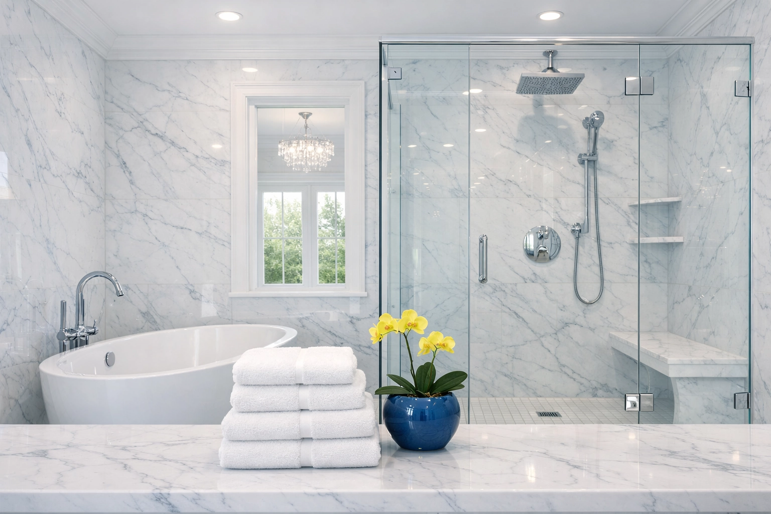 Sparkling clean white marble bathroom in Wellesley following a thorough bi weekly house cleaning.