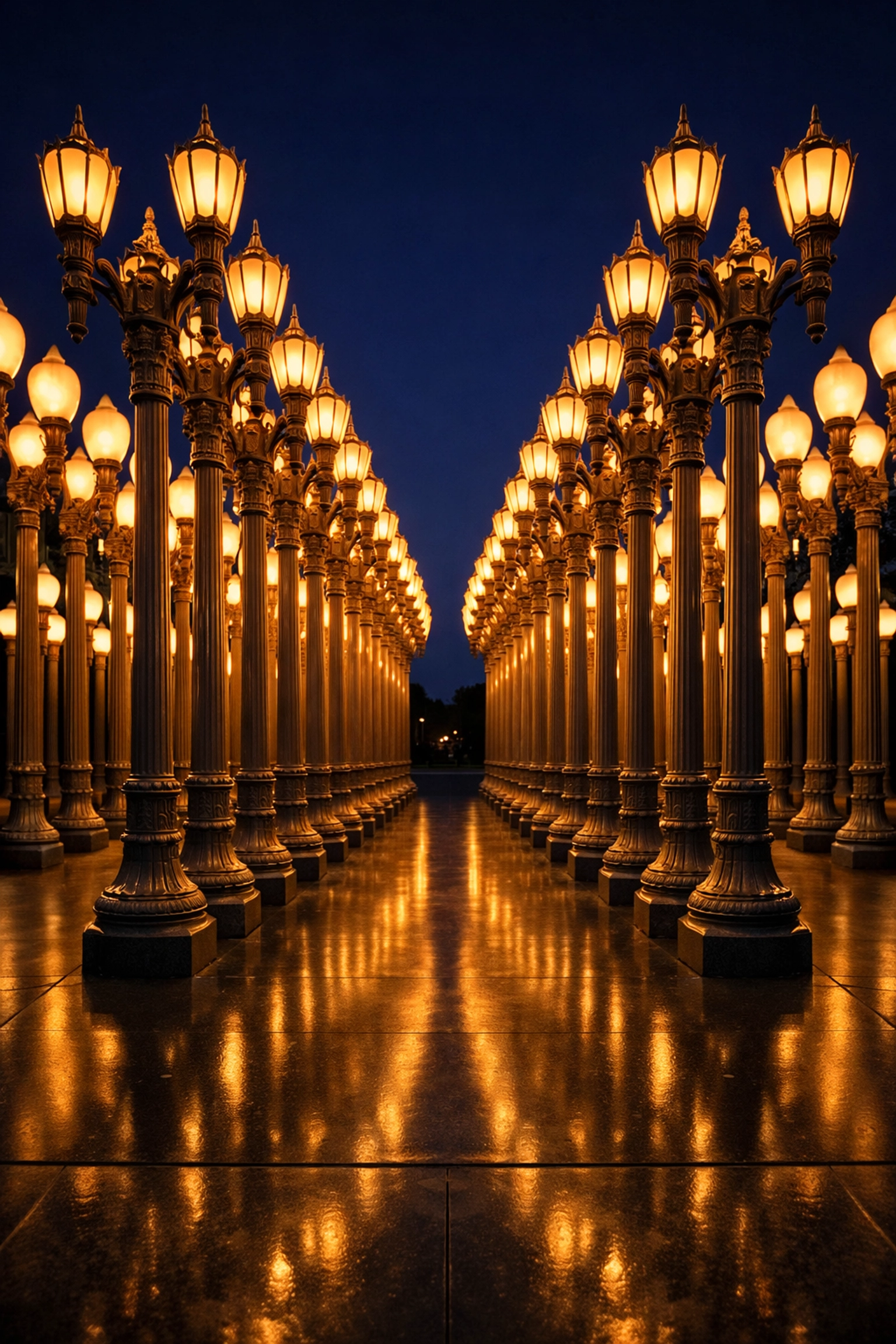 Symmetrical night view of LACMA Urban Light, a top instagrammable place for photography in Los Angeles.