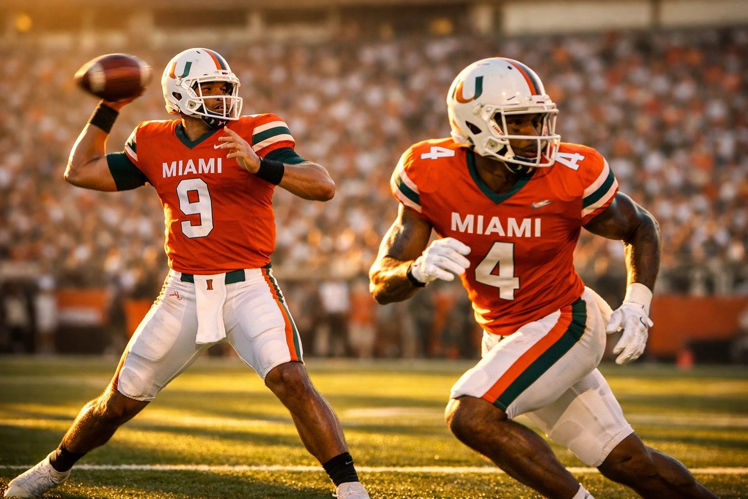 Miami Hurricanes quarterback and receiver duo showcasing offensive chemistry on field