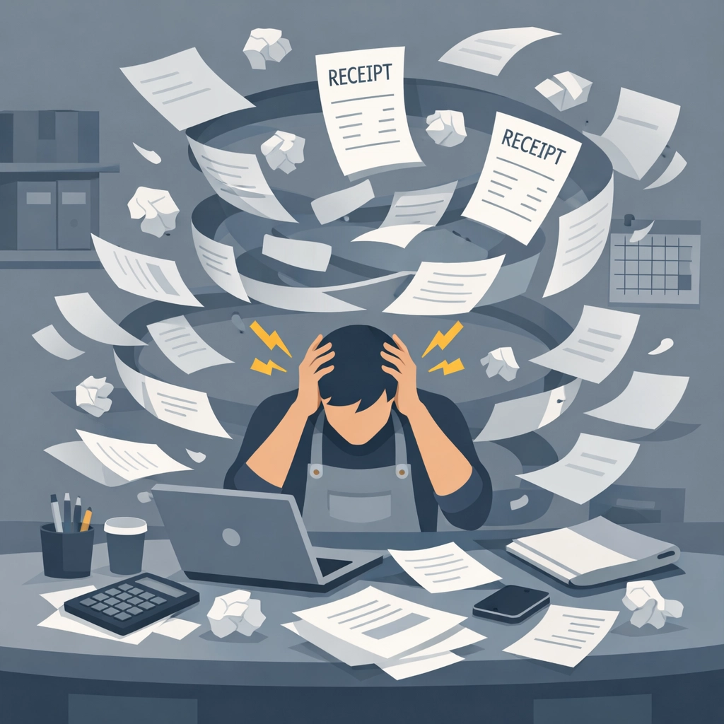Stressed small business owner overwhelmed by disorganized receipts and tax documents