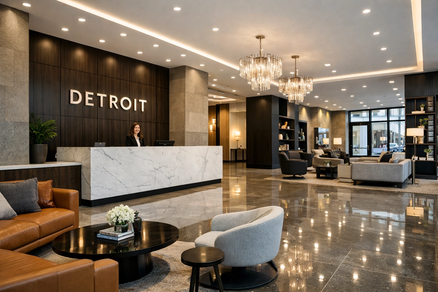 Impeccably clean modern multifamily lobby in Detroit, showcasing building maintenance and recurring cleaning services.