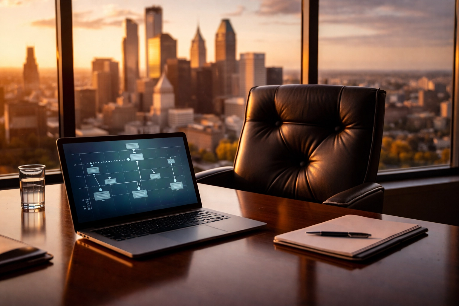 Executive boardroom chair and table overlooking Philadelphia skyline, symbolizing leadership succession gaps