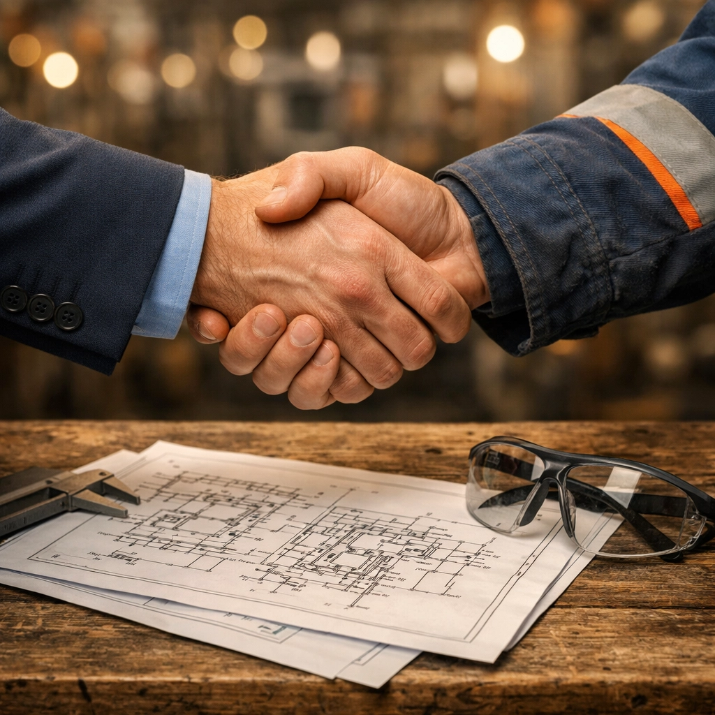 Handshake between an Industrial Recruiter and a professional worker discussing talent acquisition strategy.