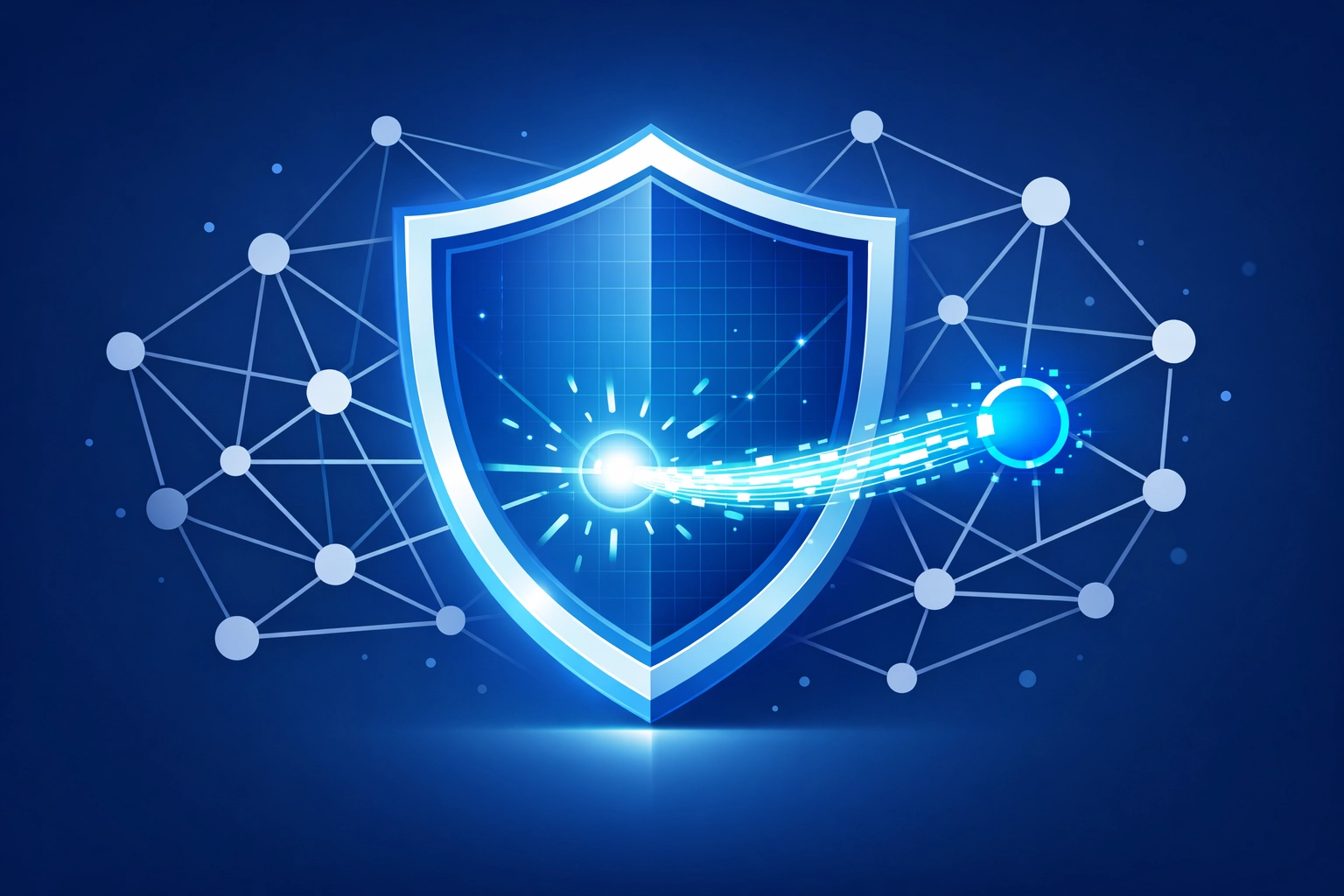 Digital shield protecting network nodes illustrating business continuity and data recovery.