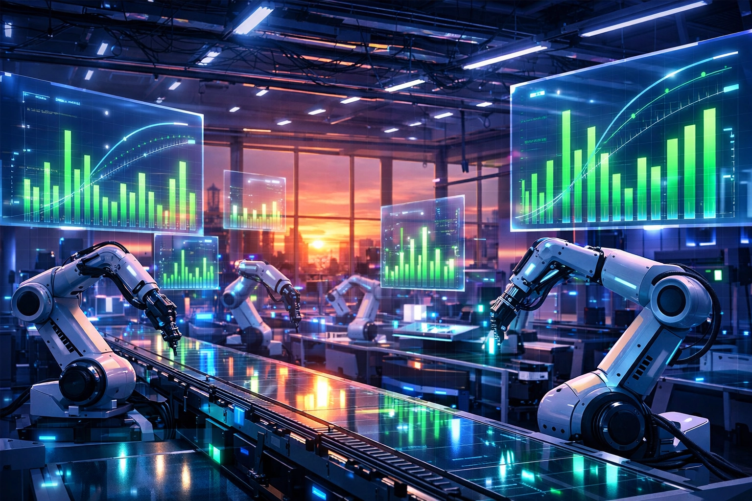 Futuristic automated production facility showcasing peak productivity achieved through equipment financing.