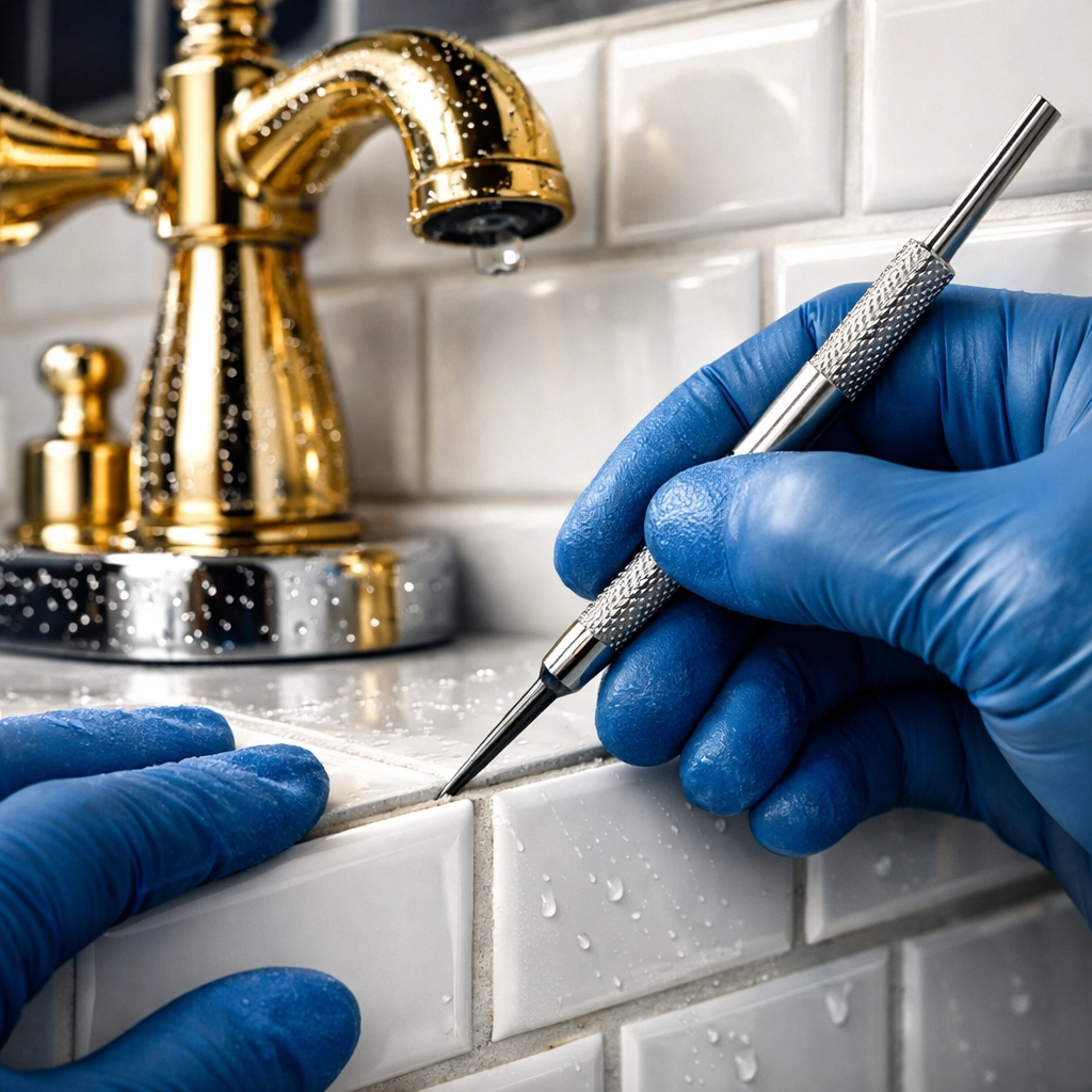 Deep clean focus during professional house cleaning in Lincoln, MA, detailing luxury bathroom tiles and fixtures.