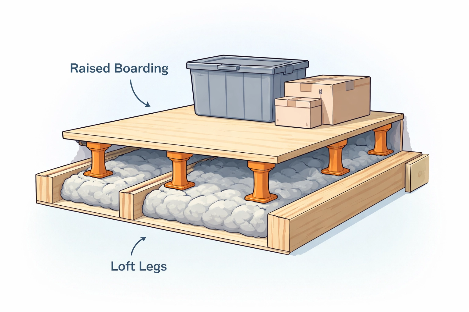 Cross-section of a loft floor showing loft legs installed above insulation for effective storage solutions