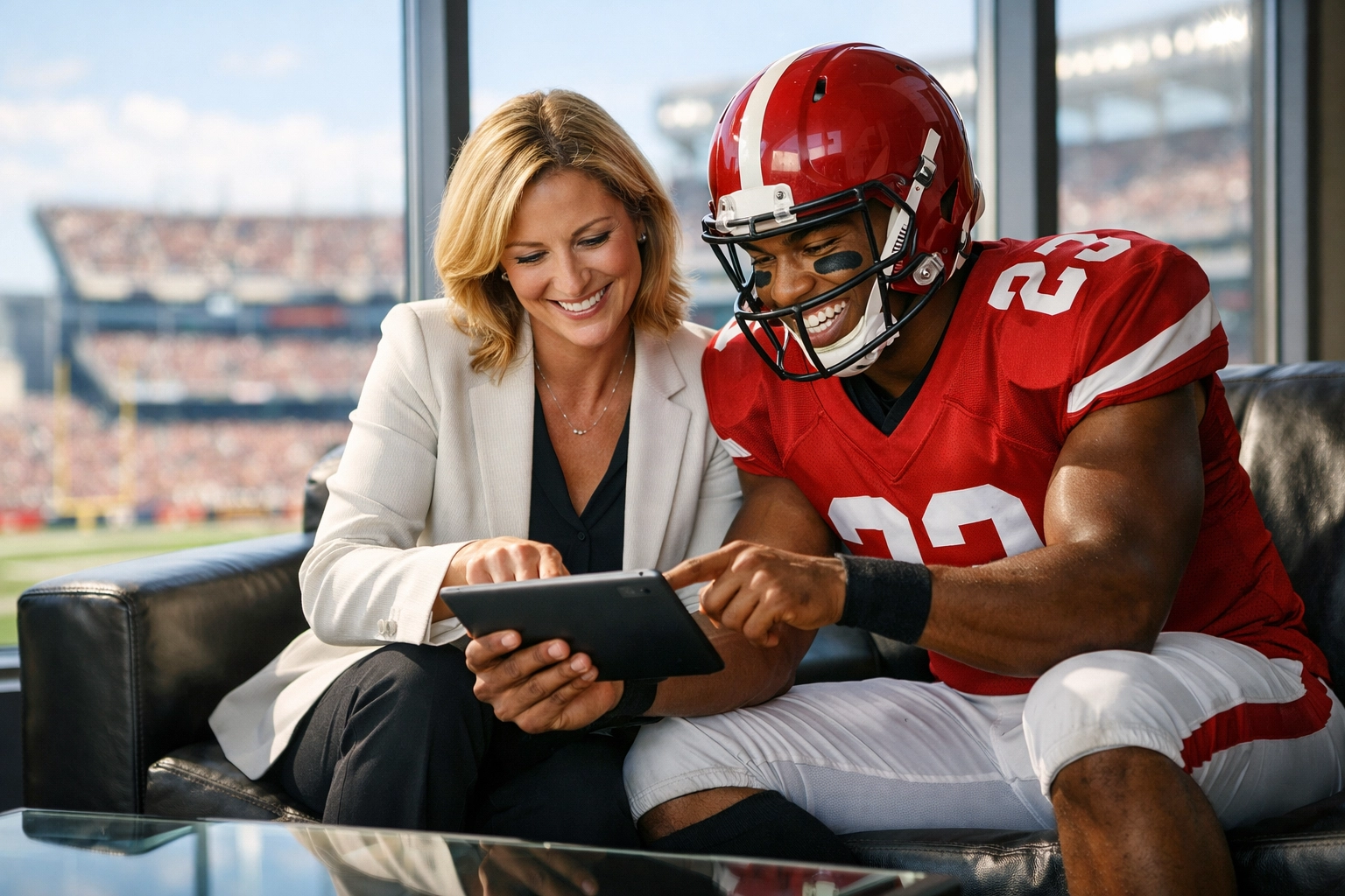 Corporate executive and college football player discussing an authentic NIL partnership in a stadium suite.