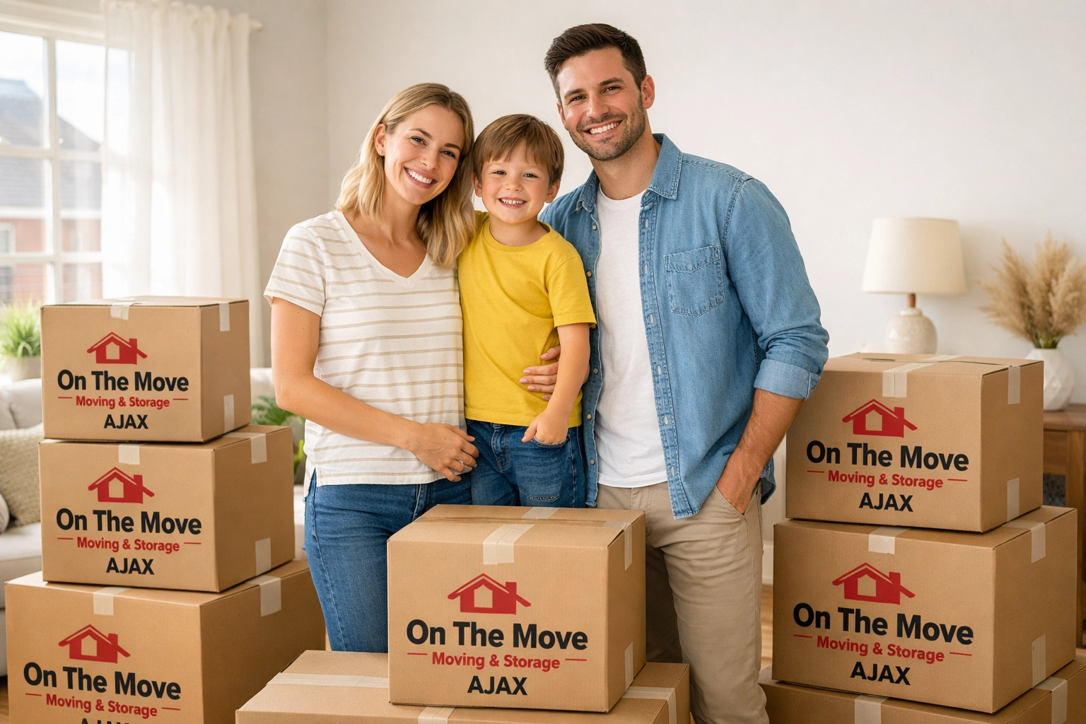 A happy family in Ajax standing with neatly packed boxes from the best movers in Durham Region.