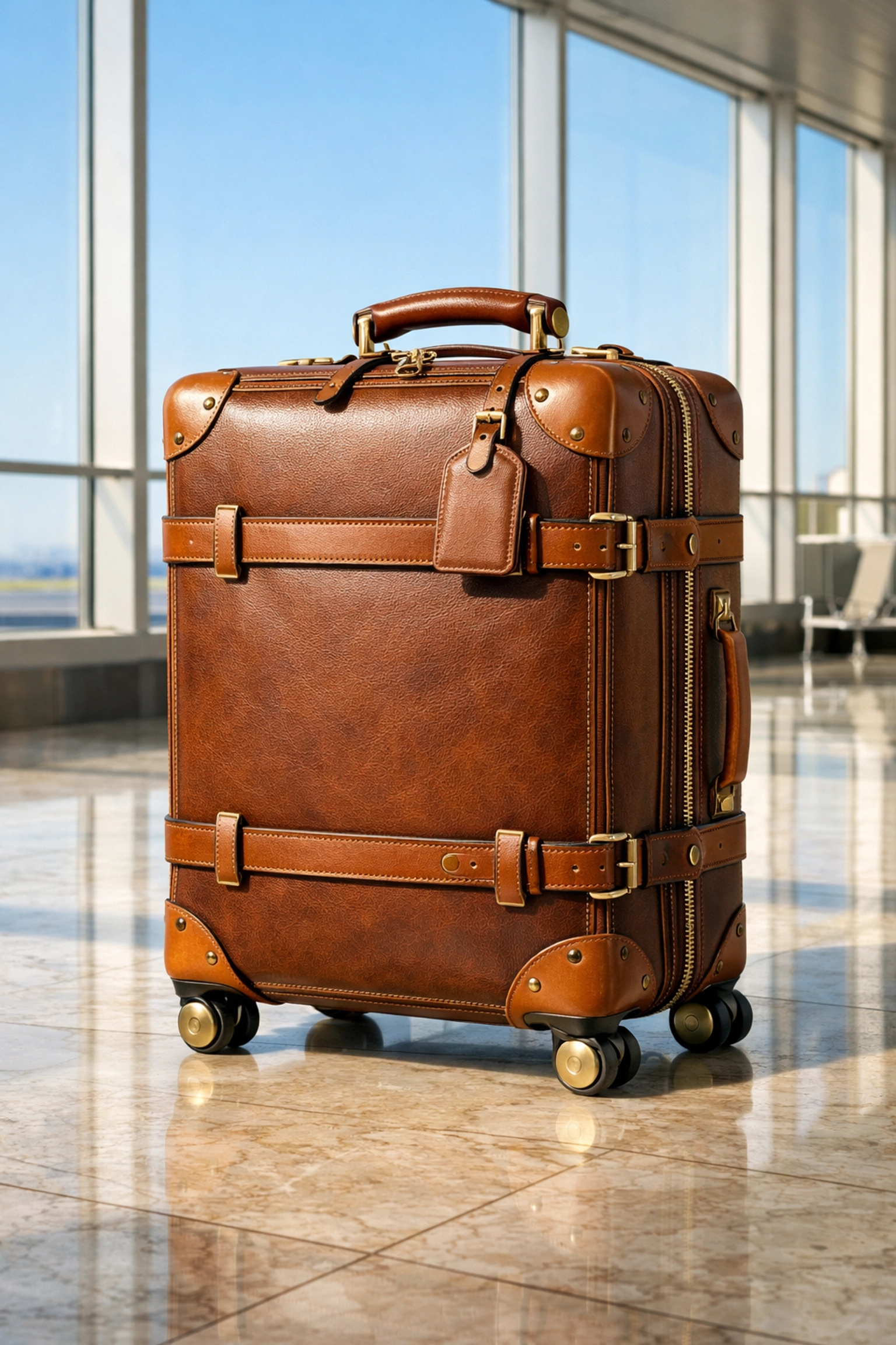 Premium leather suitcase in a sunlit airport terminal, highlighting the value of a quality travel experience.