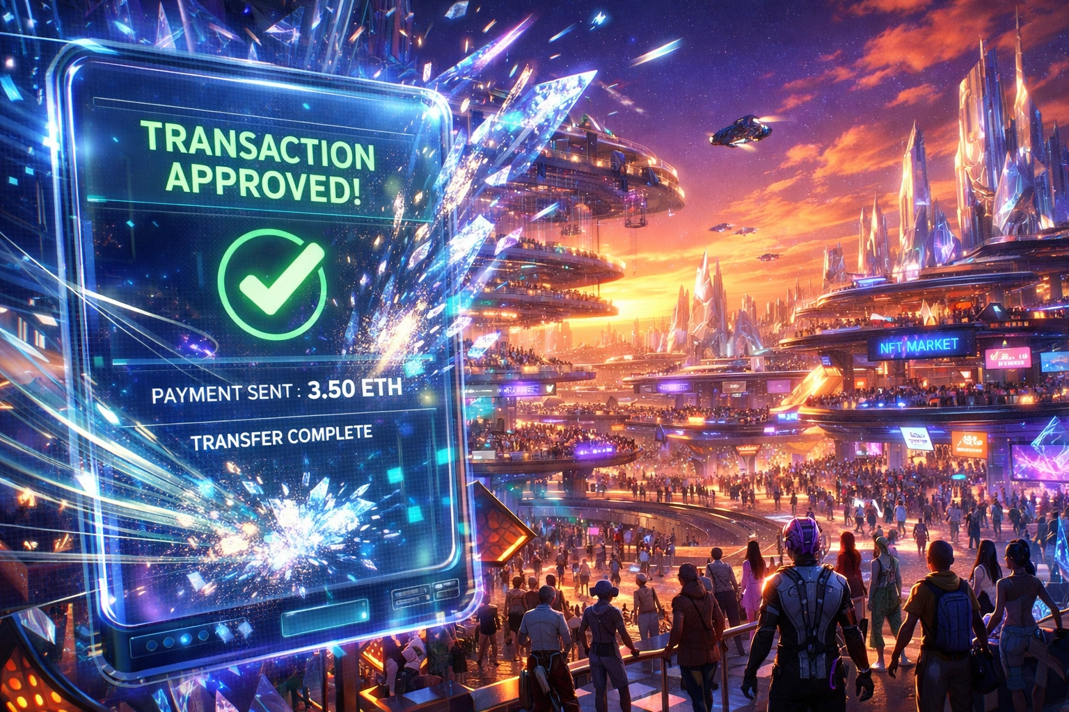 Bustling metaverse marketplace showing a secure holographic crypto payment transaction through Larecoin.ai.