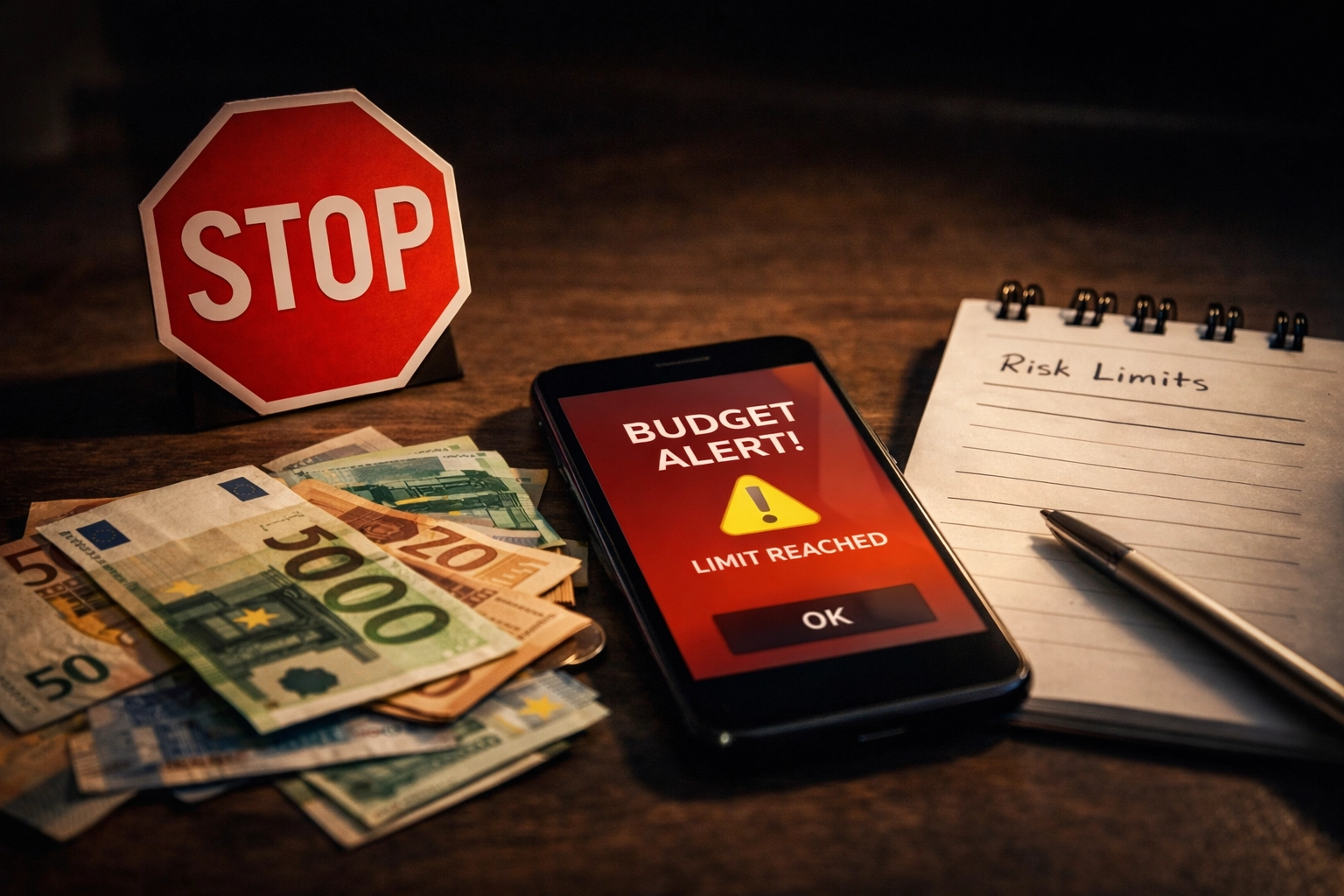 Stop-Schild neben Geldscheinen symbolisiert Stop-Loss-Limits beim Sportwetten