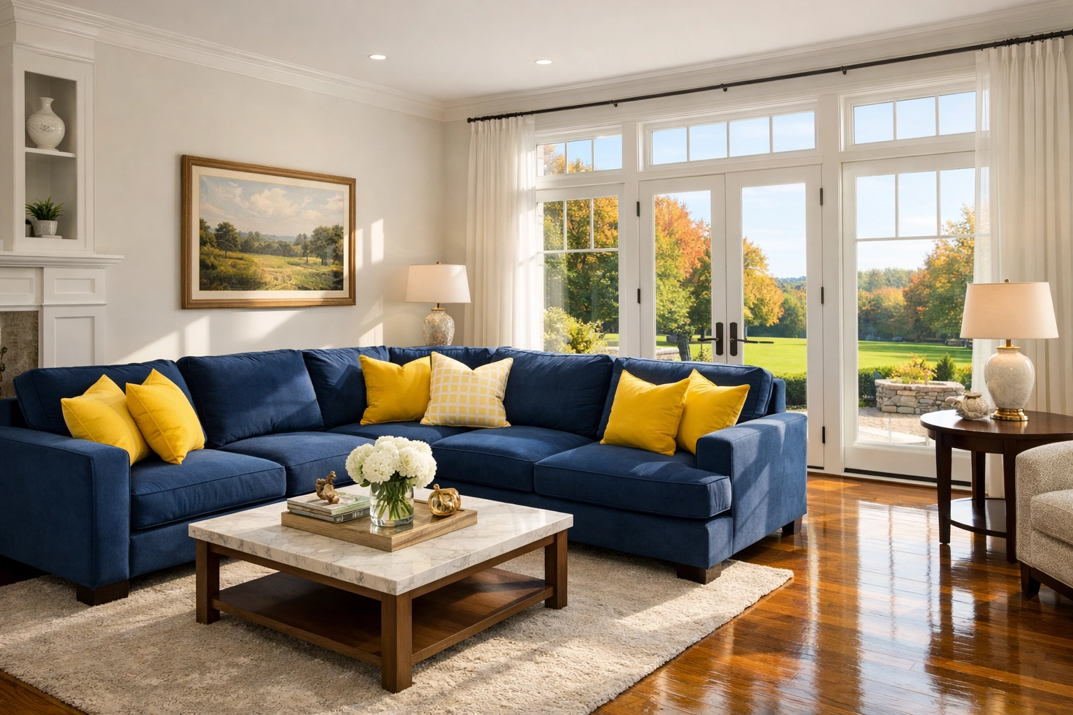 A sun-drenched, professionally cleaned living room in Southborough with polished hardwood floors.