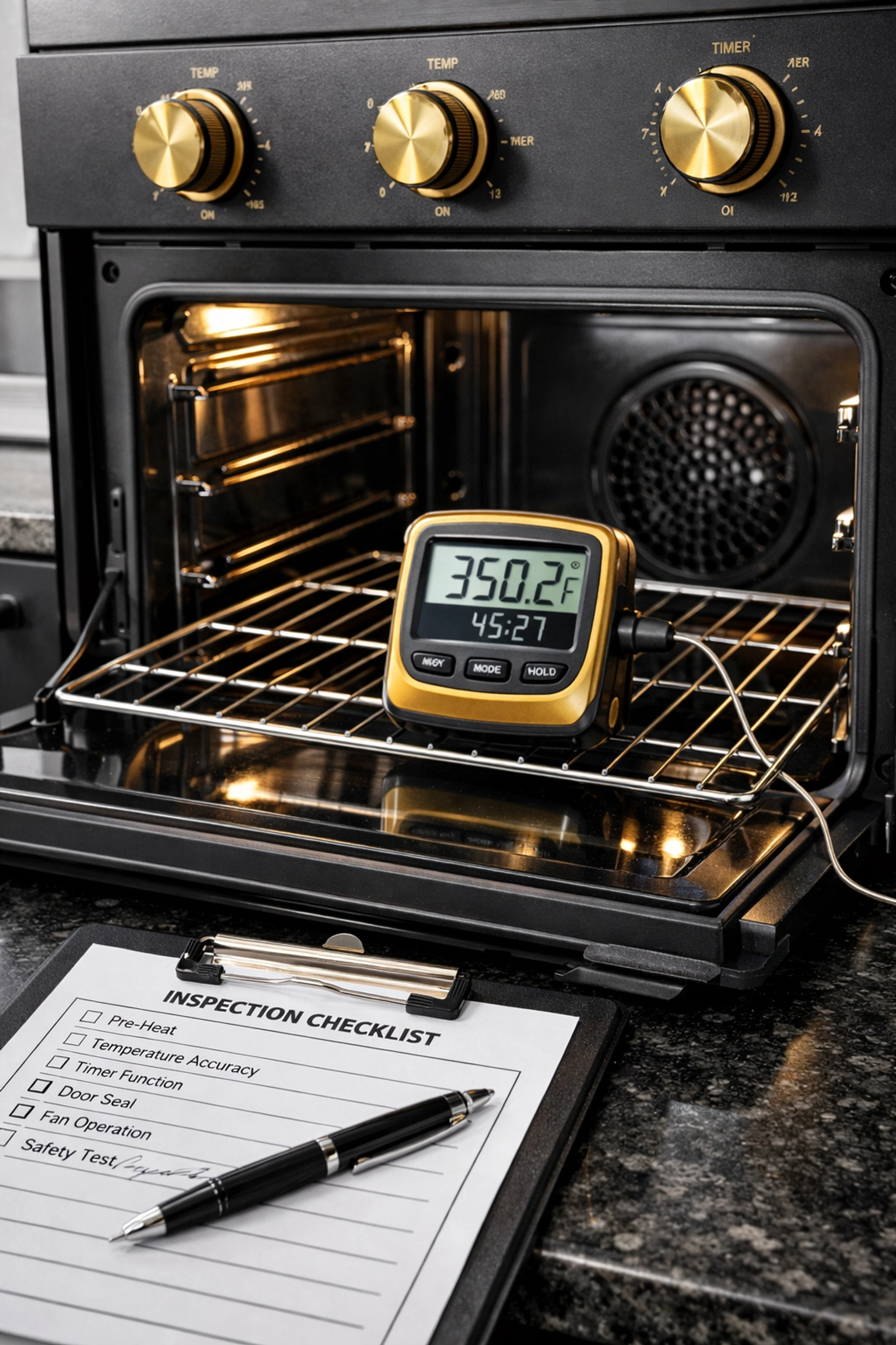 Testing kitchen oven temperature during property inventory check