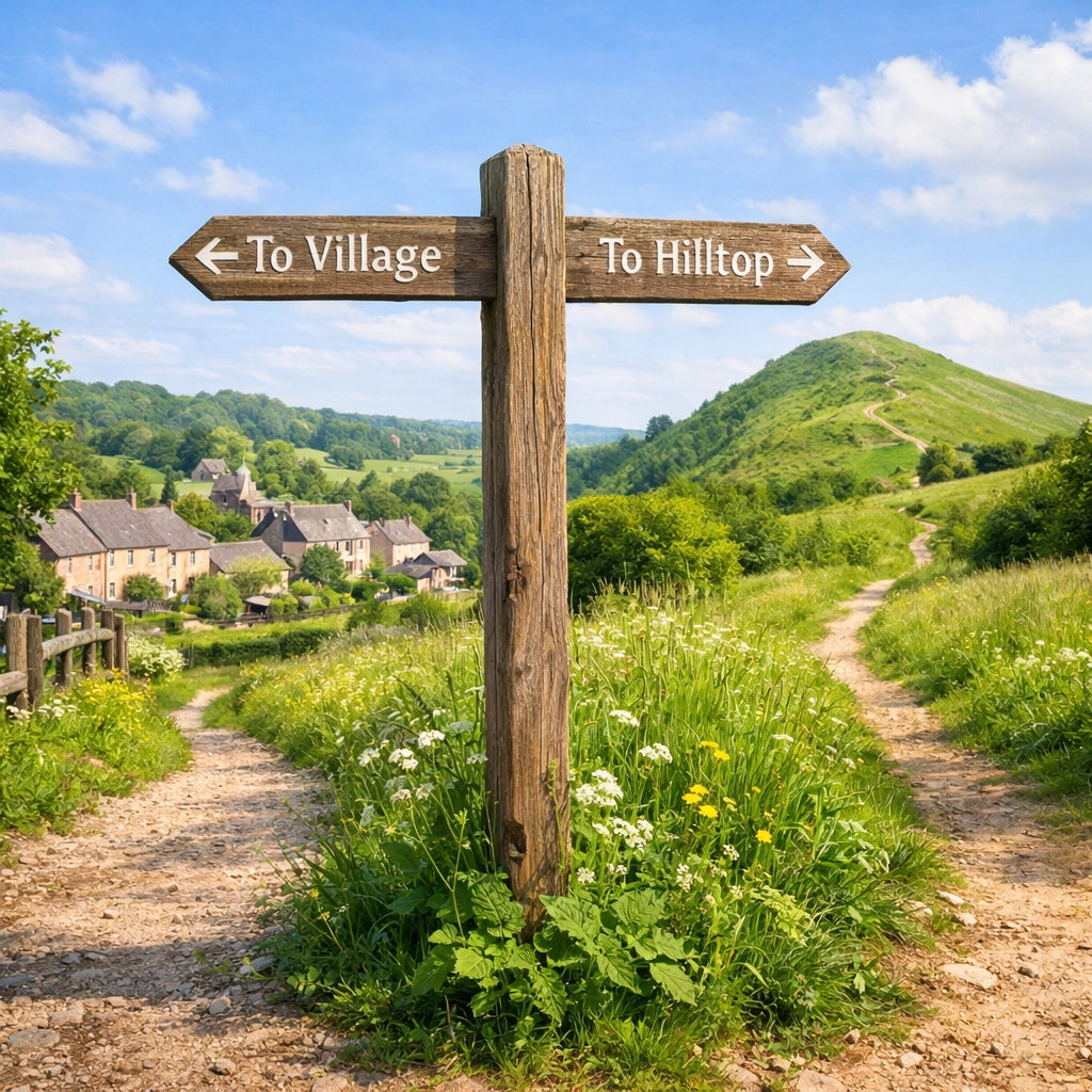 Wooden trail sign at a junction on a hiking trail in the UK countryside near a village.