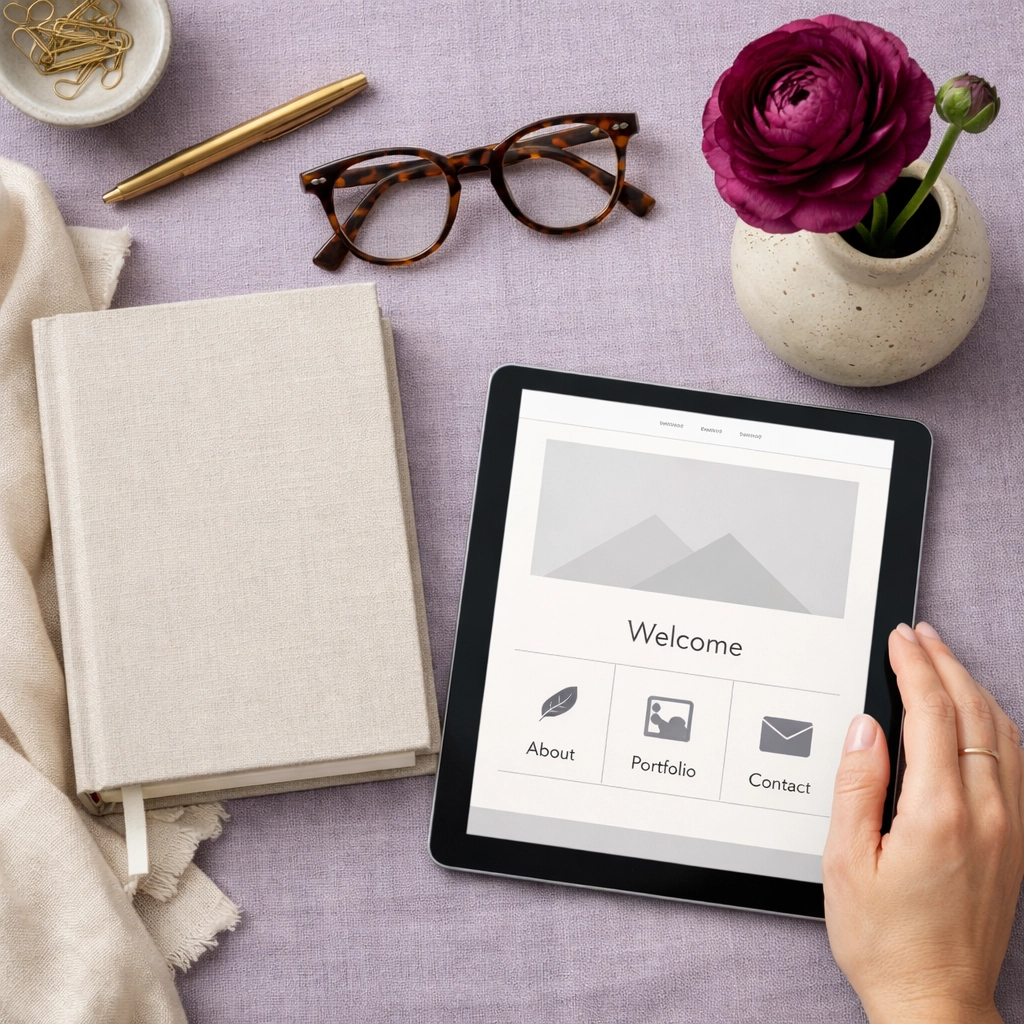 Creative professional's workspace with a tablet, representing an authentic and sustainable small business strategy.