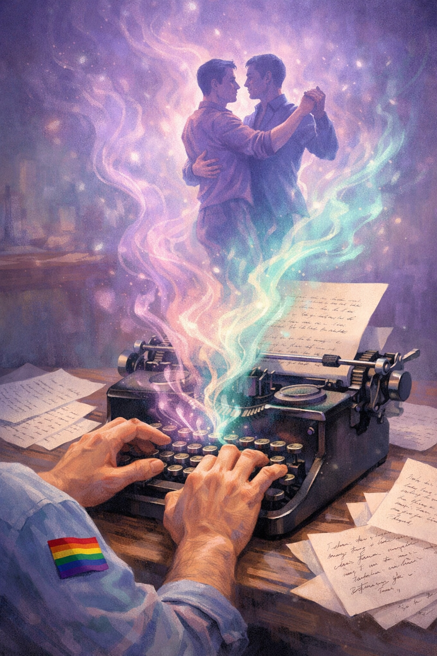 Gay author writing unfiltered queer romance with creative freedom symbolized by rainbow elements