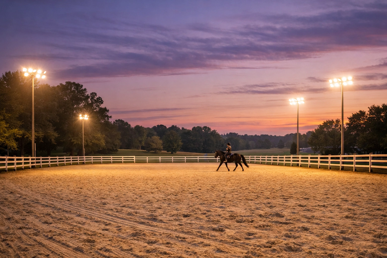 Lighted outdoor riding arena at equestrian property in Waxhaw NC