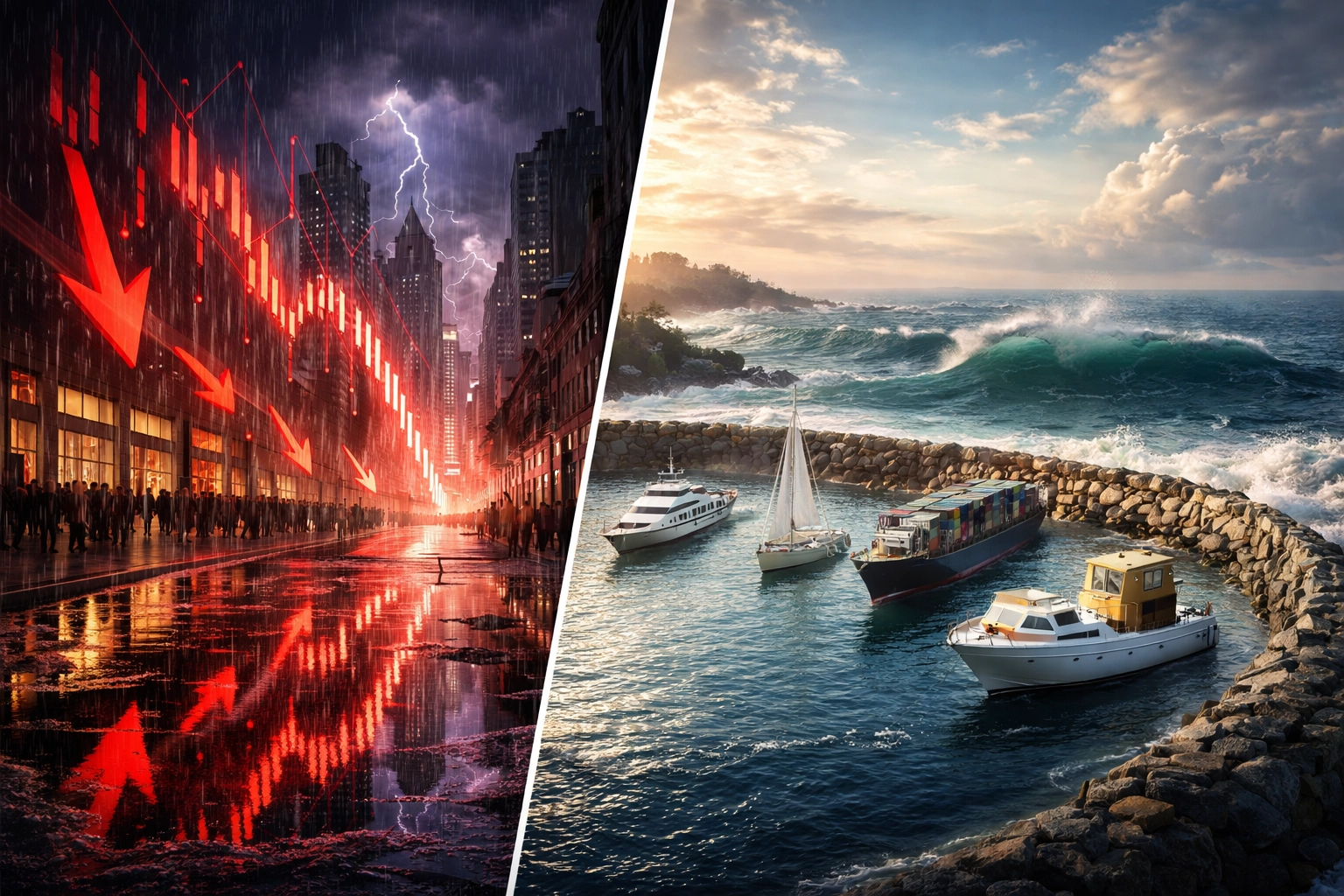 Split scene of turbulent markets and stable harbor, showing portfolio resilience and downside protection benefits.