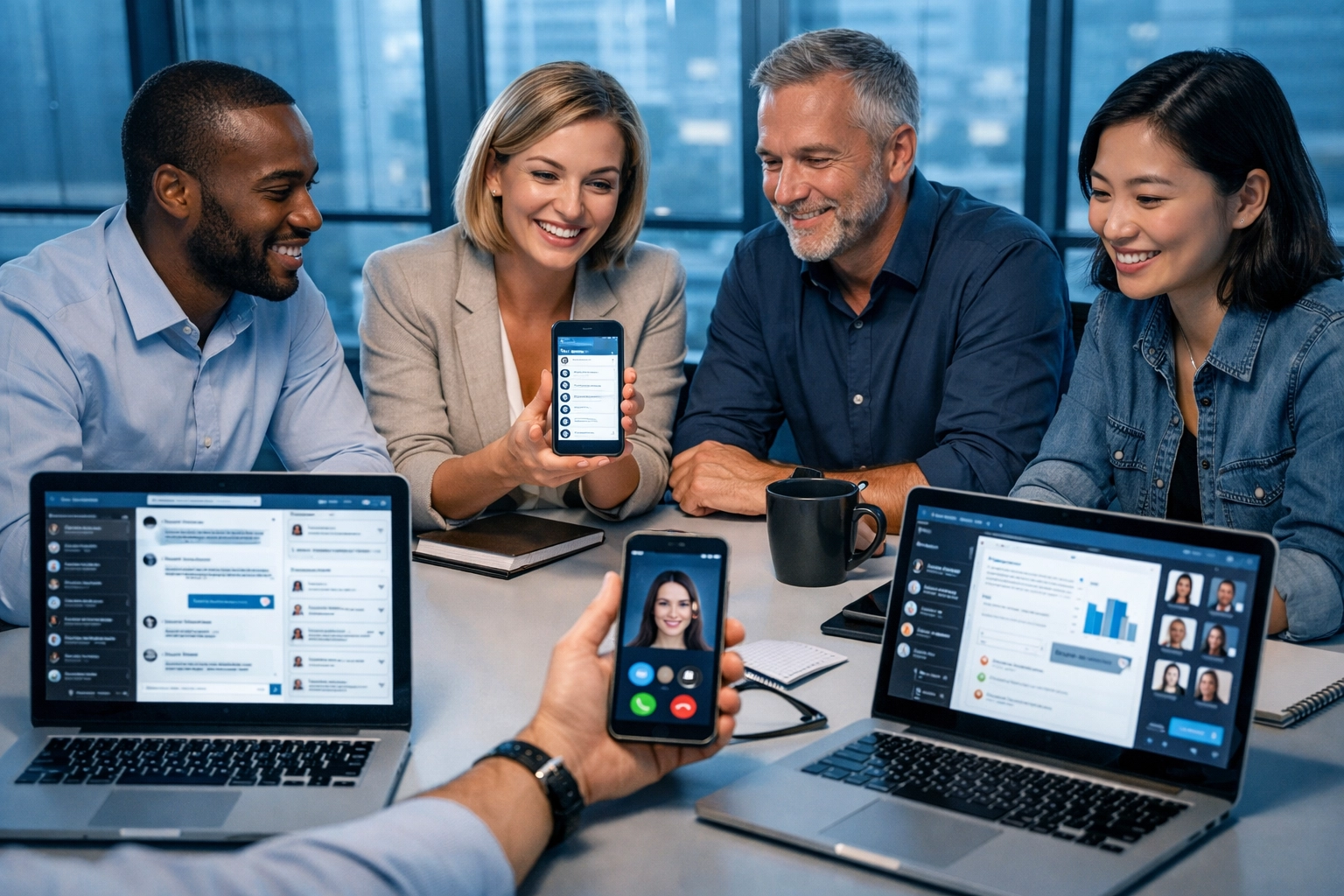 Small business team using VoIP phone system in modern office
