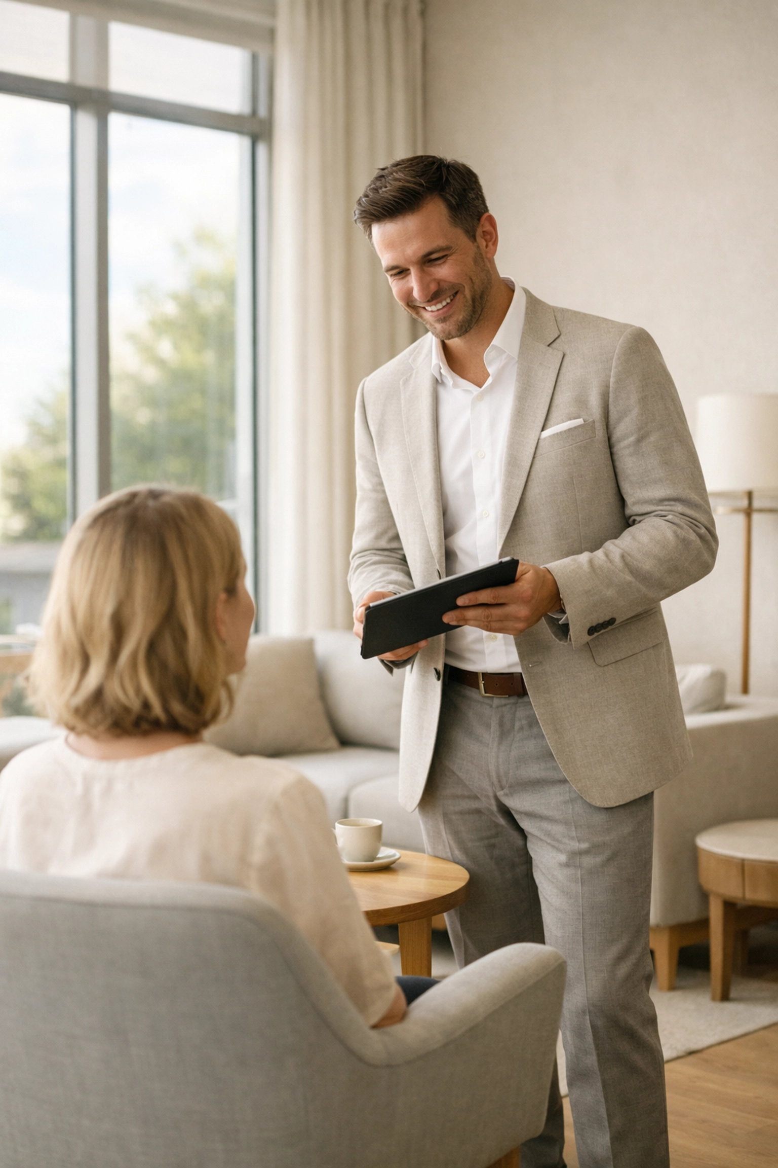 Hotel staff using a mobile hotel PMS on a tablet to check in a guest in a modern lobby.