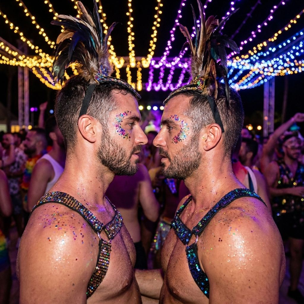 Two men sharing an intimate moment at Carnival dance floor in Rio de Janeiro