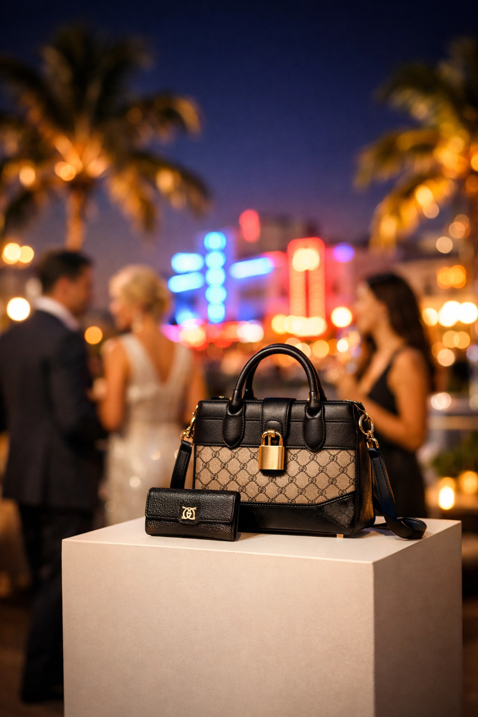 Commercial brand photography at a luxury Miami rooftop event overlooking South Beach at night.