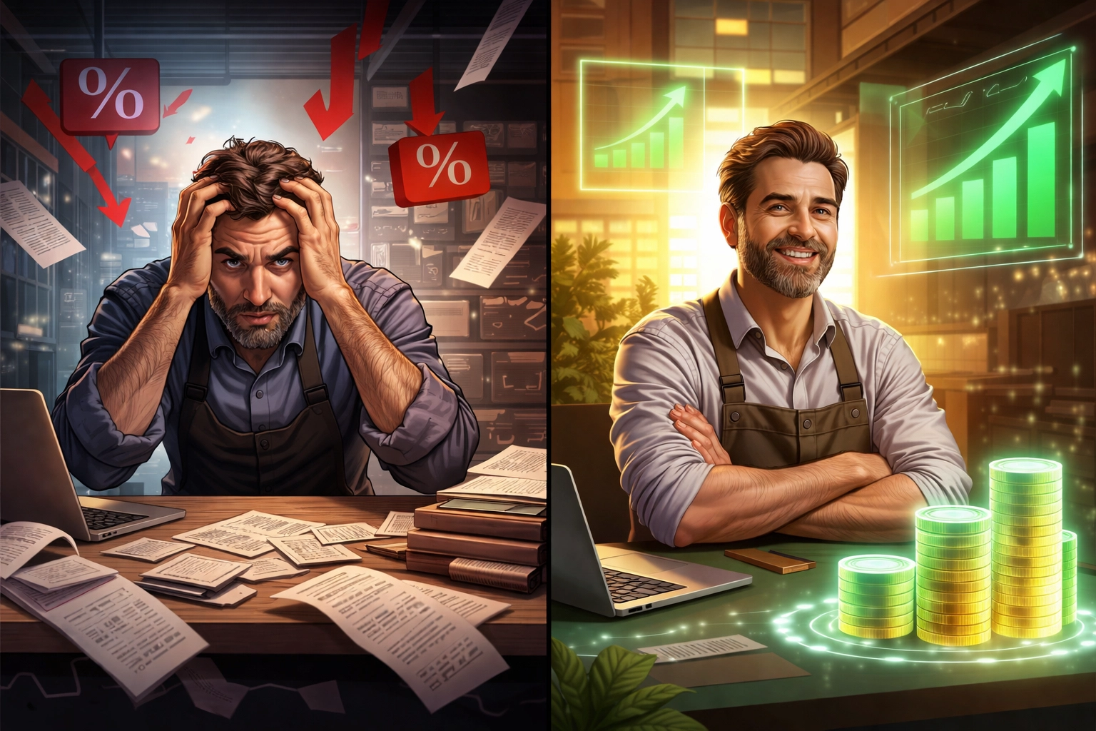 Comparison of a worried merchant losing profits to fees and a confident one increasing earnings with LUSD payments.