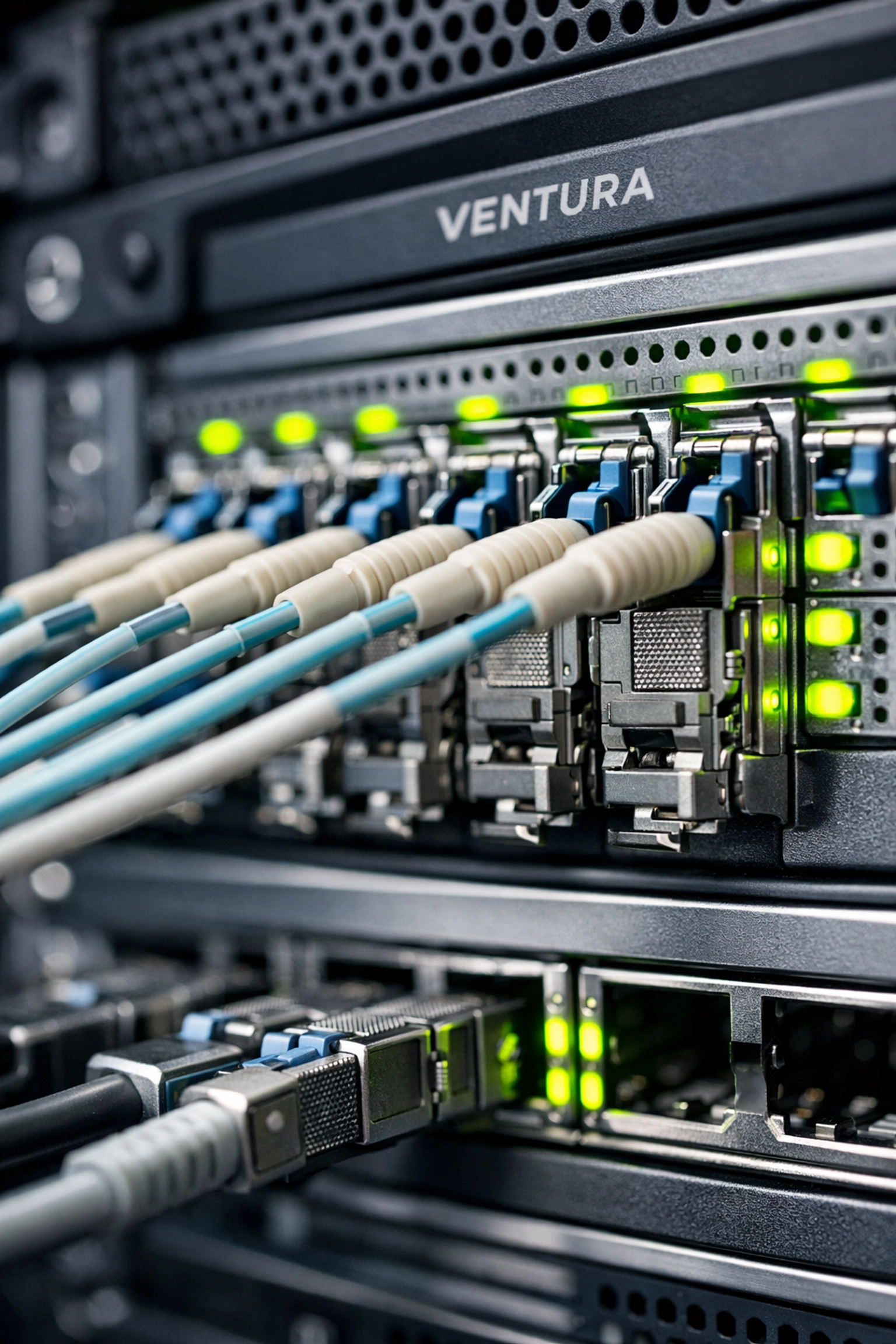 Secure server rack in a Ventura data center showing active network security and CMMC compliance indicators.
