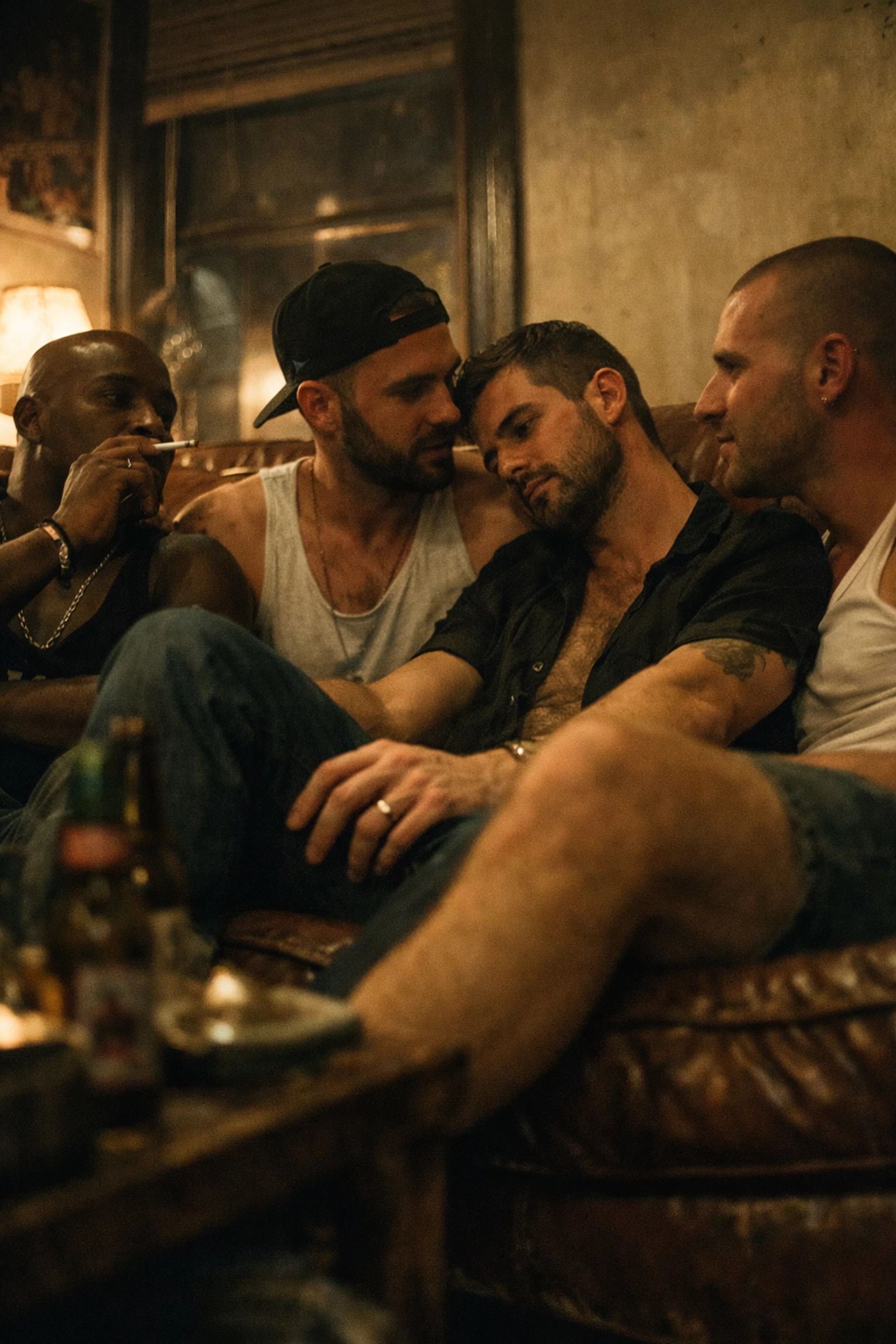 A group of men in an apartment, showing the complex social dynamics of a gay community chill-out party.