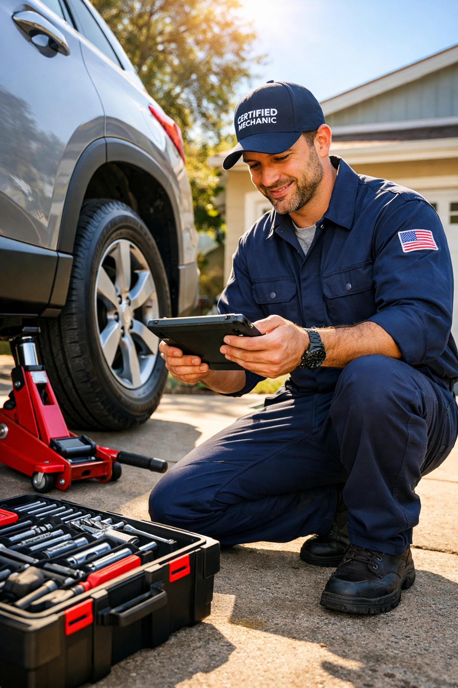 Mobile mechanic inspecting SUV in Green Bay driveway for at-home car repair service convenience