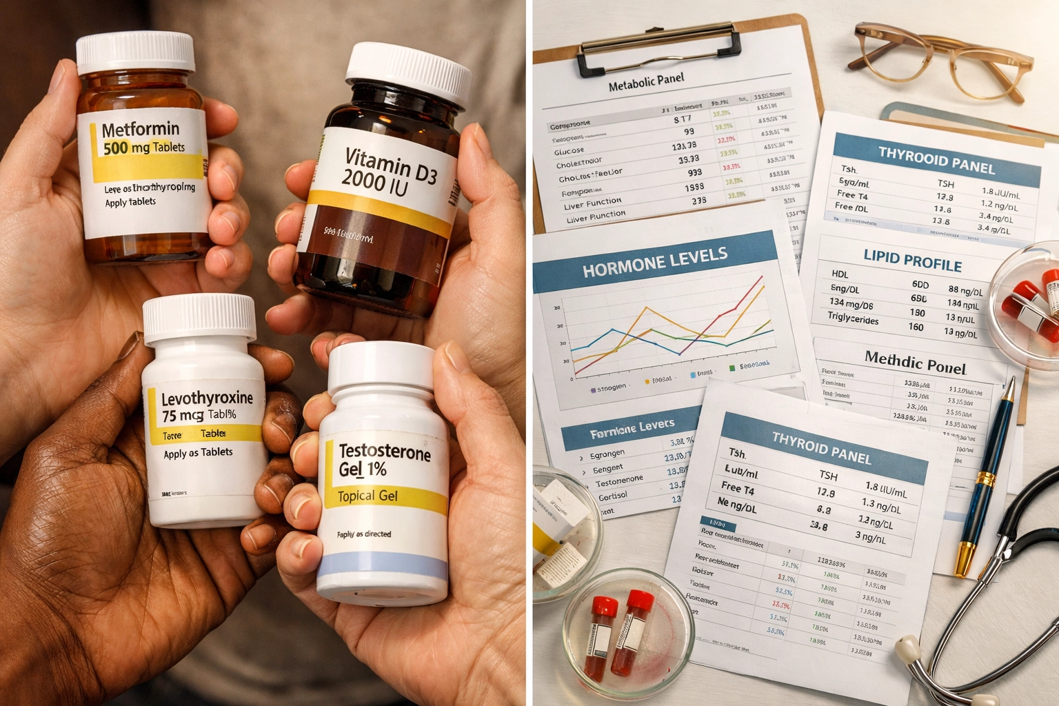 Individualized hormone medication dosages and lab test results showing personalized weight loss approach
