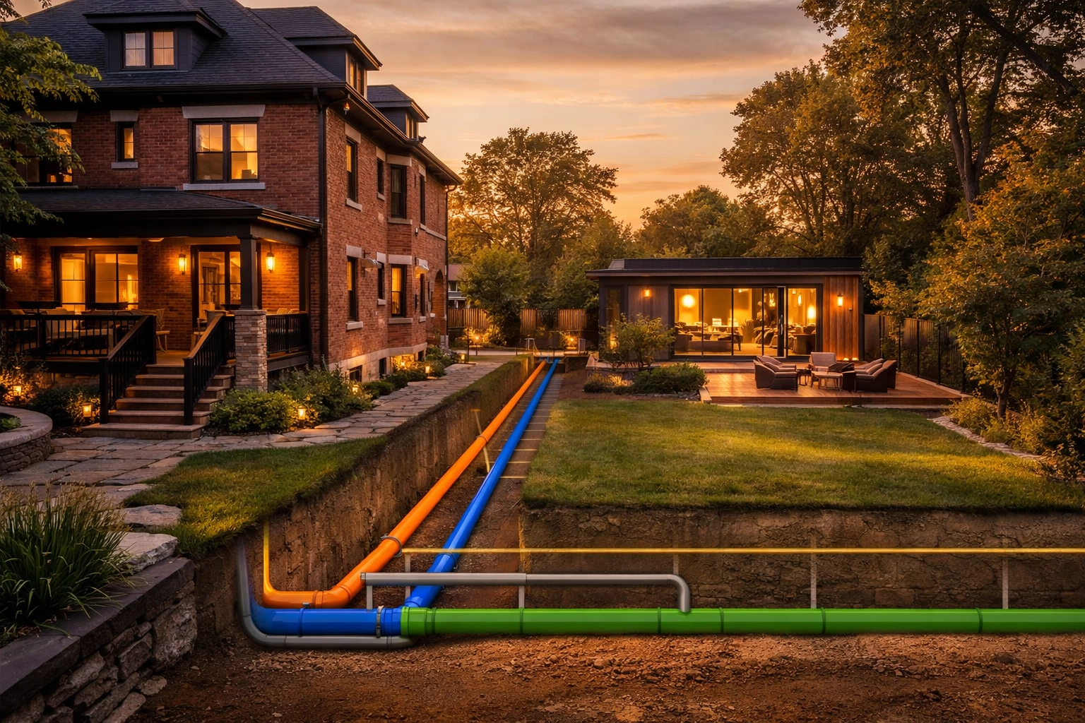 Modern 4-plex conversion and detached garden suite illustrating missing middle housing density in Ontario.