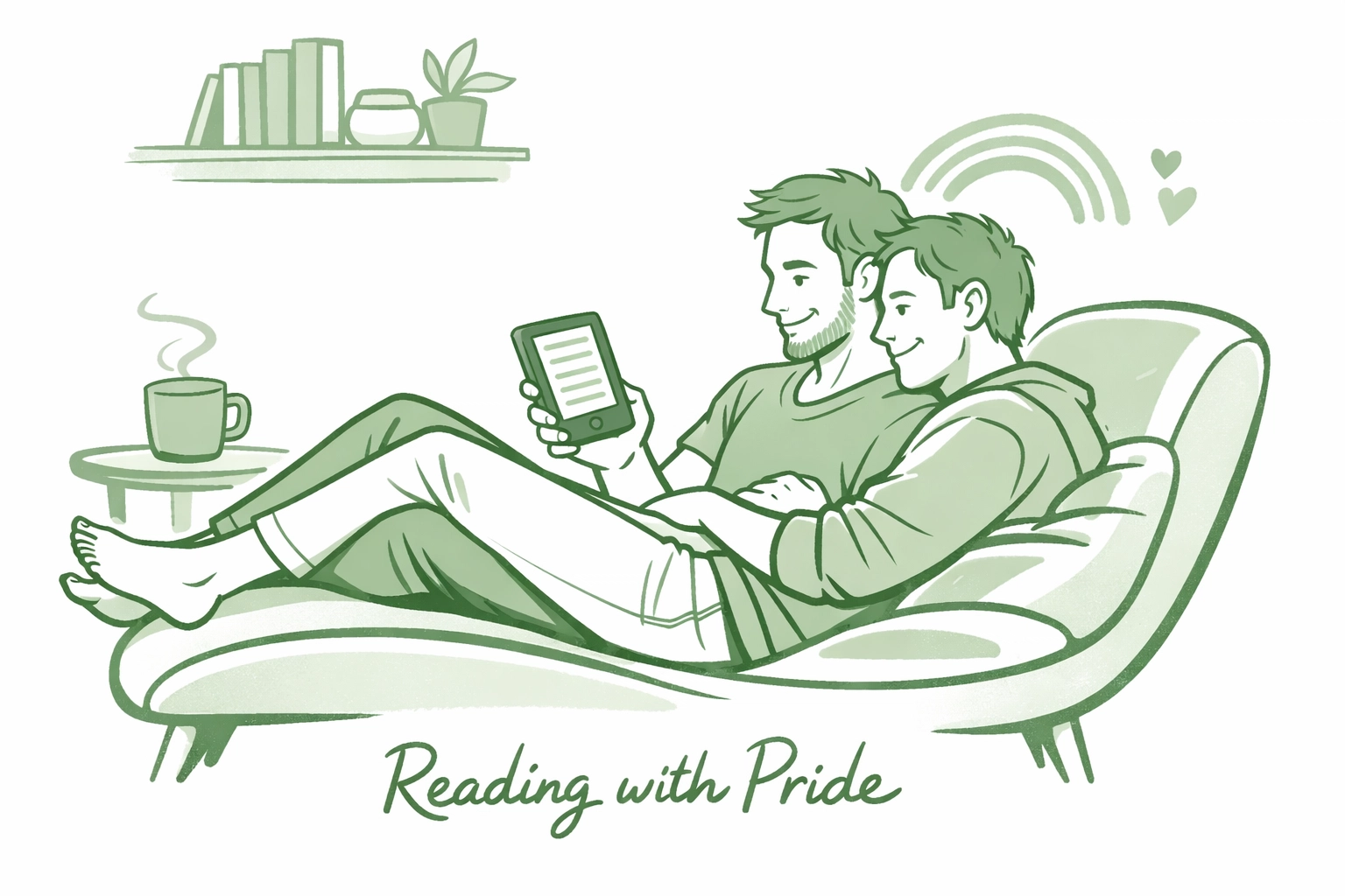 Two men reading LGBTQ+ ebooks together on a lounge chair, highlighting the joy of gay romance novels.