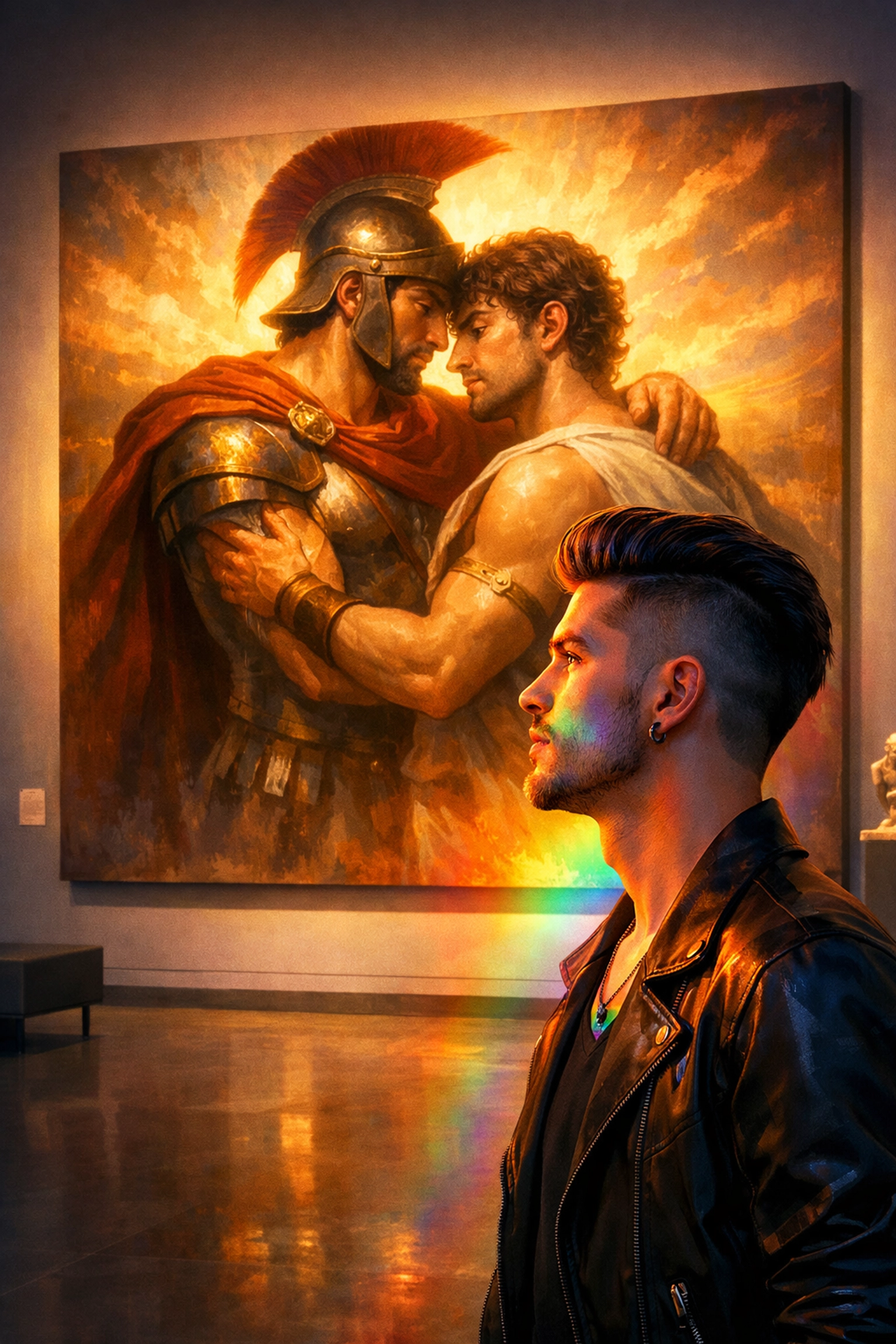 A modern man observing a classical painting of a gay couple, connecting with queer history in a gallery.