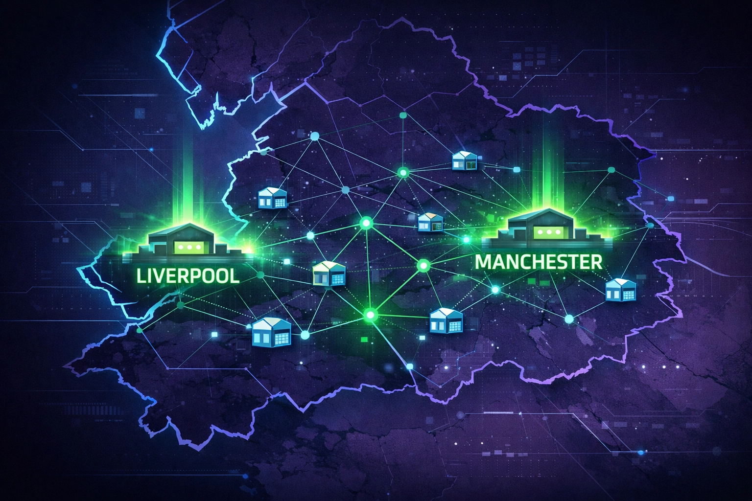 Digital map of North West logistics hubs in Liverpool and Manchester with connected warehouse icons.