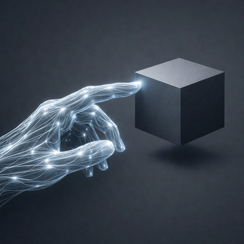 A digital hand reaching for a cube, symbolizing human-centered support from big tech corporations.