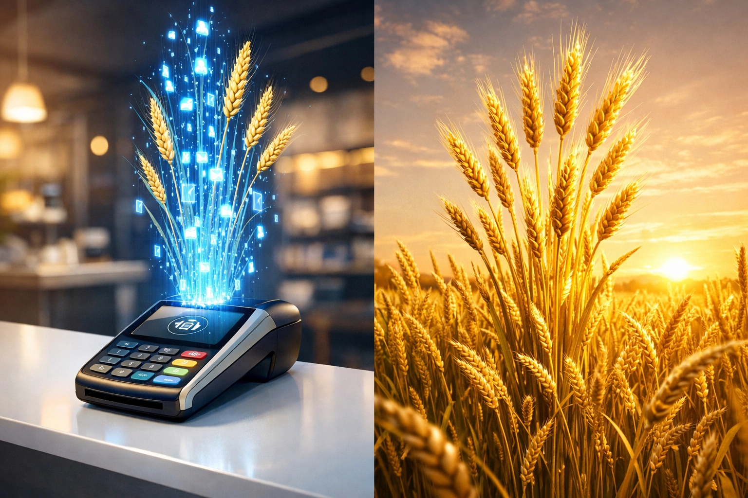 Crypto POS terminal connecting blockchain payments to global hunger relief through wheat crops