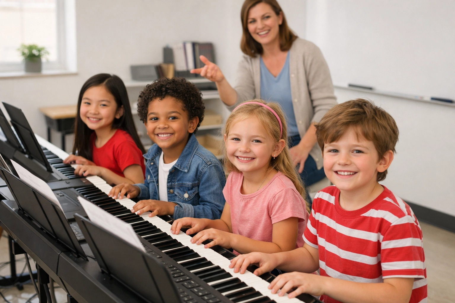 Children learning piano together in group piano lessons at after school music program