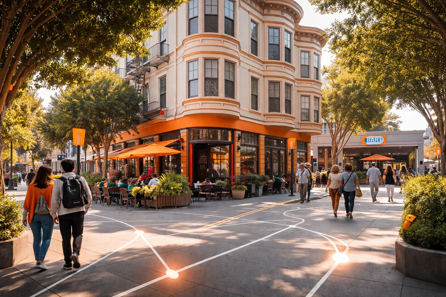 Street-level scene of a vibrant San Francisco neighborhood with converted residential building and active community, showcasing successful urban revitalization.