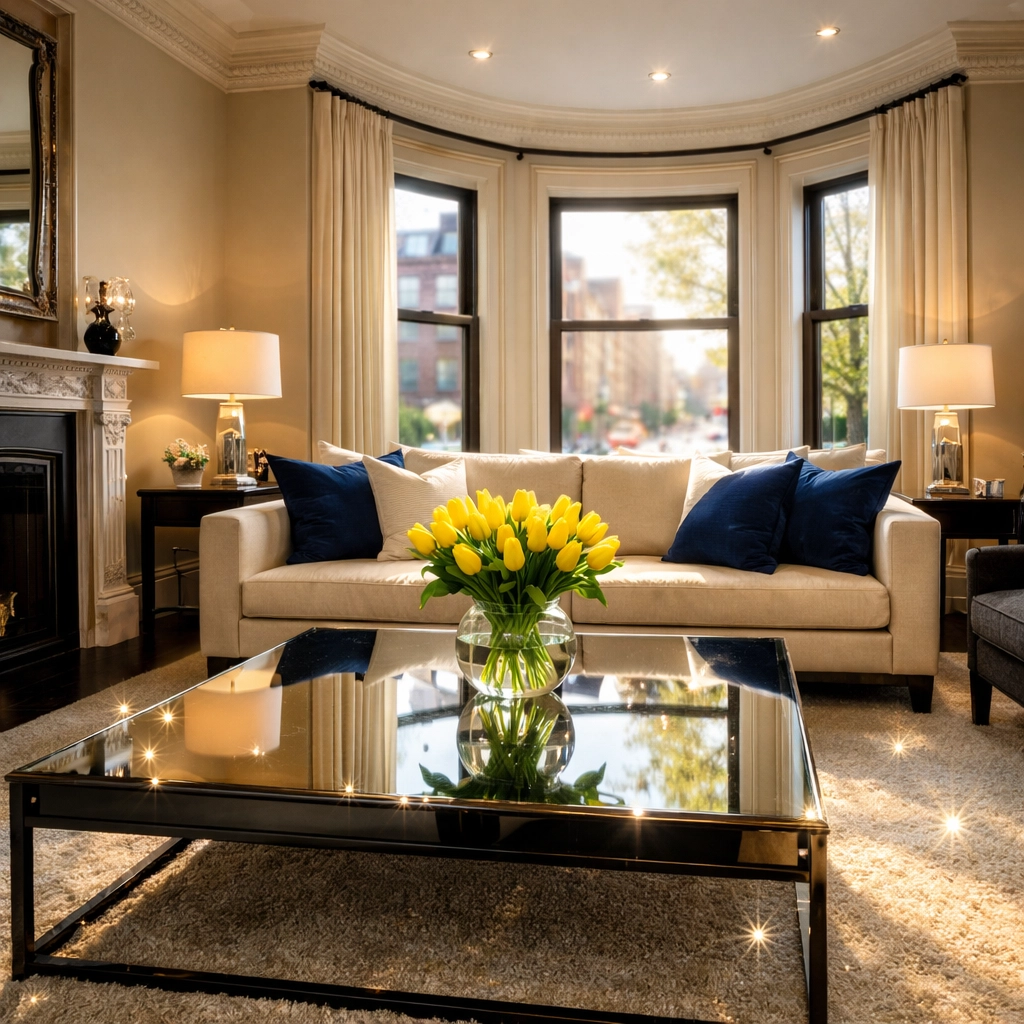 A sparkling clean luxury living room after expert deep cleaning services Boston.