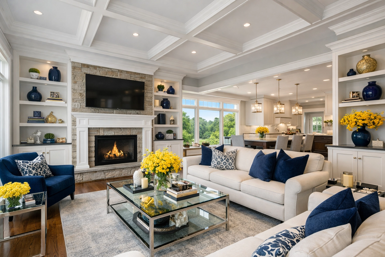 A luxury living room after a professional deep cleaning in Westborough MA, perfectly staged and sanitized.
