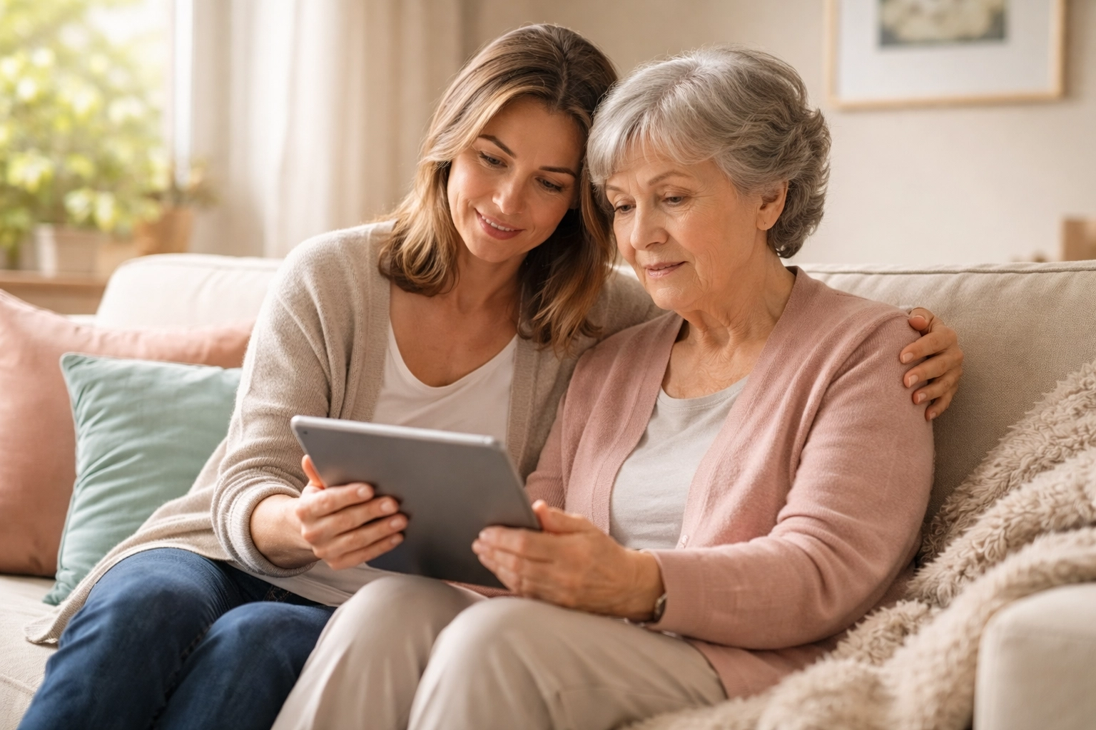 Daughter helping elderly mother make a senior living decision in Sarasota home
