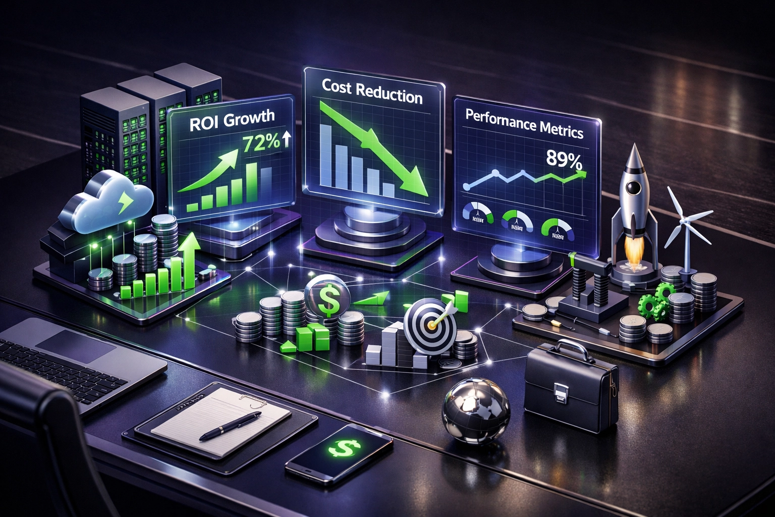 ServiceNow ROI dashboard displaying cost savings and strategic business value from ITOM ITAM implementation