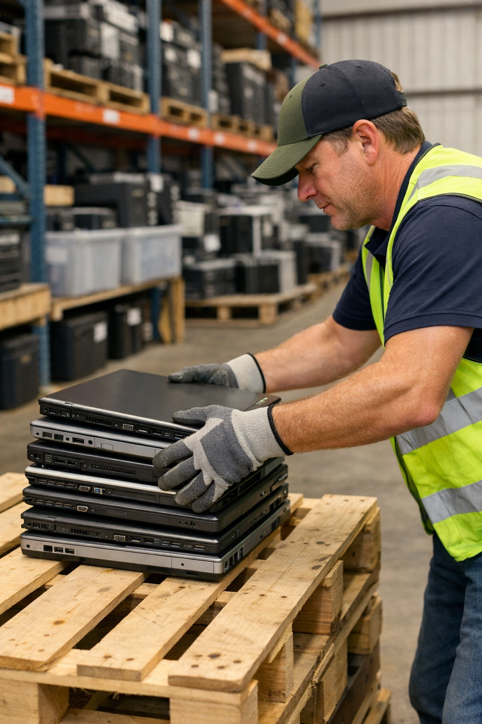 A professional recycling operative organizing old laptops for secure IT recycling and data destruction.
